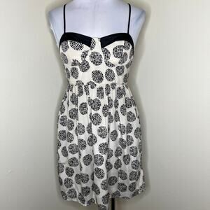 Bar lll Mini Bustier Dress MEDIUM Black Beige Polka Dot Racerback Mini Smocked